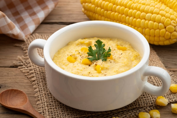 Zuppa fredda di mais con decorazione di erbe fresche Zuppa fredda di mais con decorazione di erbe fresche